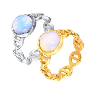 New Arrival 18k Gold Plated Stainless Steel Jewelry Gift Charm Pig Nose Chain Link Opal Rings for Women