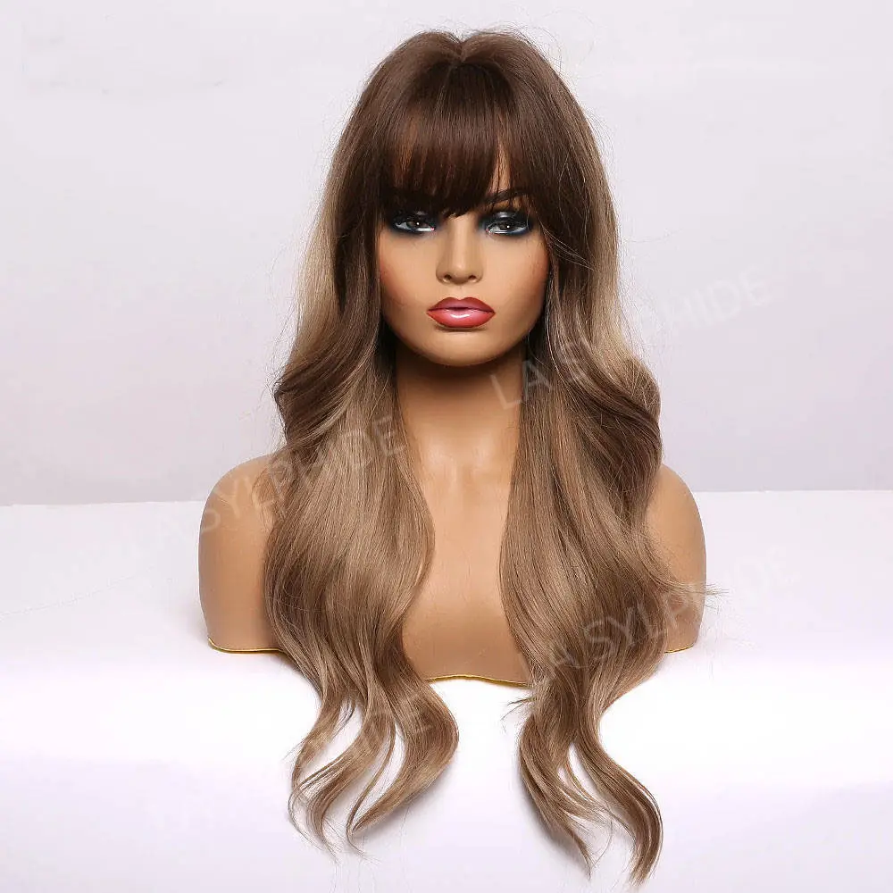 Brown gradual hair European and American wig women's full head cover chemical fiber wig air bangs long curly hair