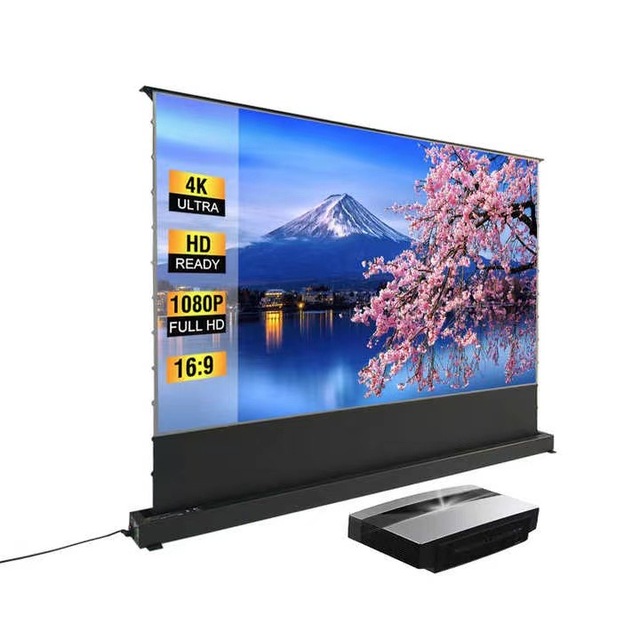 ALR Projector Screen Motorized with Remote, Floor Rising Projector Screen Tab Tension 100 Inch 16:9 Indoor Movie Video Home