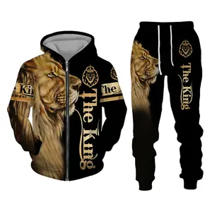 2023 new fashion Lion King 3D Printed Zipper Hoodie Set men women Sportswear 2 pieces sets loose hot sale