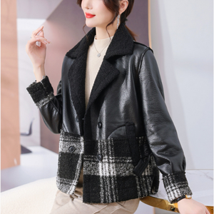 Nouvelle Veste en Cuir PU pour Femme, Style Élégant à Carreaux, Col Revers Tissé Brut, Épaisse et Chaude, Écologique, Hiver - Product Image 4