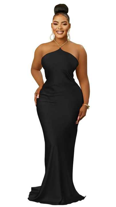 2023 Best Quality Fashion Satin Bodycon Birthday Dress Solid Halter Chains  Off Shoulder Floor Length Elegant Evening Maxi Dress