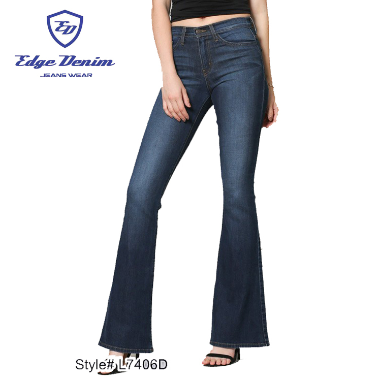 Conceptions adaptées aux besoins du client Taille Haute Bleu Foncé Denim Flare Jambes Larges Pantalon Lâche Pour Les Femmes