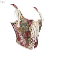 Corset Bustier Vintage Grande Taille à Dentelle Frontale, Effet Amincissant, Sculptant la Taille, Débardeur Sans Manches à Bretelles, Motif Peinture à l'Huile