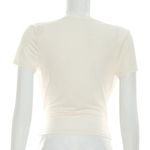Viviblook Y26TP200 Women Summer T-Shirt New Short Sleeved V-Neck <b>Cross</b> Pleated Casual <b>Top</b> - Product Image 5