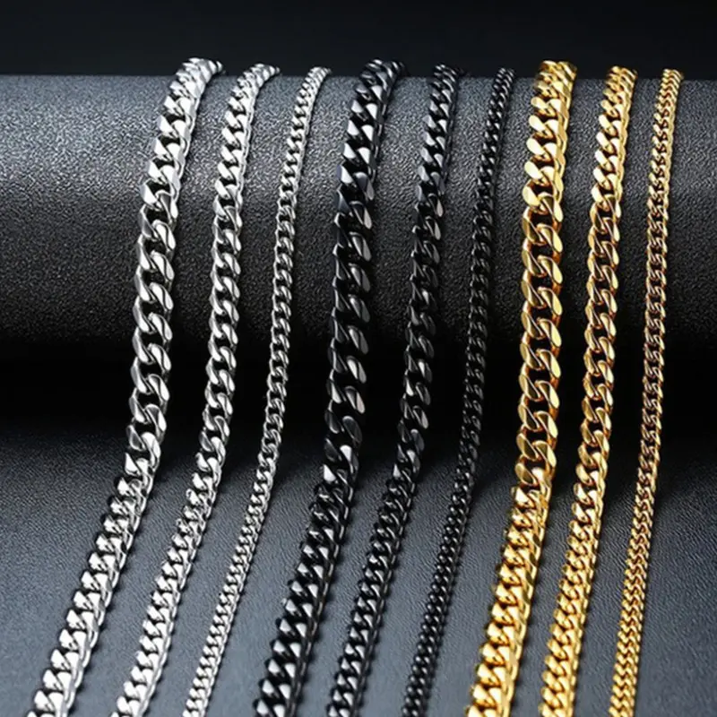 Curb Cuban Link Chain Chokers Basic Punk Stainless Steel Necklace For Men Women Vintage Black Gold Tone Solid Metal