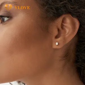 VLOVE 쥬얼리 여성용 솔리드 골드 쥬얼리 14k 에메랄드 컷 베젤 세팅 스터드 귀걸이
