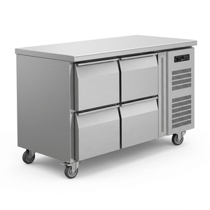 Table de préparation de cuisine ventilée en acier inoxydable avec 2, 3, <span class=keywords><strong>4</strong></span> ou 6 <span class=keywords><strong>tiroirs</strong></span>, <span class=keywords><strong>réfrigérateur</strong></span> sous comptoir à refroidissement par ventilateur et refroidisseur latéral - Product Image 1