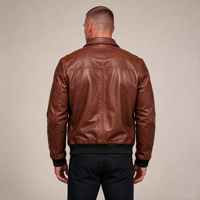 Blouson aviateur vintage marron en cuir véritable pour homme, col rabattable, poignets côtelés, logo personnalisé, vente en gros d'usine, manteau en cuir d'extérieur