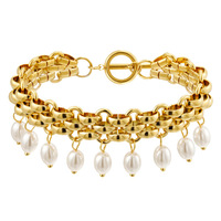 Parure de collier et bracelet en acier inoxydable plaqué or 18 carats, avec pampilles exagérées et perles d'eau douce, chaîne maillons étanche