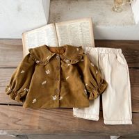 Chemise à col roulé brodée en velours côtelé pour filles de printemps Ensemble de vêtements pour bébés
