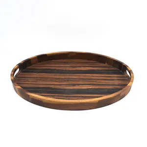 Decorative Rustic Oval Wooden Serving Tray Wooden Coffee Tray with Handle
