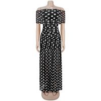 Robe longue sexy à pois pour femme, épaules dénudées, fente haute, plissée, froncée, ajustée aux hanches, pour les fêtes, noir et blanc, vente en gros, personnalisable OEM