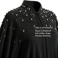 Robe longue musulmane noire pour femme, style abaya, col montant, ornée de perles et de strass aux épaules, en mousseline fluide, pour soirée, en polyester
