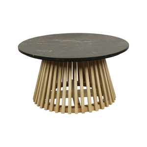 Mesa de Centro Moderna Redonda con Tapa de Mármol Negro y Base de Madera con Listones, Mesa de Salón de Lujo, Duradera y Elegante - Product Image 1