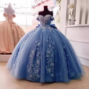 princess polly baby blue dress Blue Tulle Flowers Long Prom Dress, Lovely A-Line Puff Sleeve Evening main image 0