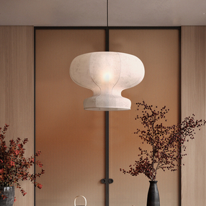 Luminaire suspendu style Wabi Sabi, rond, en tissu blanc, LED, pour salon de thé, chambre d'hôtel, design zen minimaliste - Product Image 1