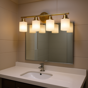 Applique murale moderne à 4 lumières pour salle de bain, 24 pouces, finition dorée, abat-jour en verre dépoli, éclairage LED blanc chaud - Product Image 2