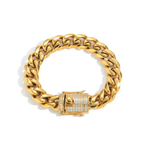Bracciale cubano rotondo in acciaio inossidabile fresato, con chiusura a moschettone e zirconi, bracciale a catena hip-hop placcato elettroliticamente a colori inalterabili - Product Image 5