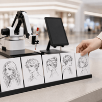 Robot de dessin de portraits interactif pour attraction de centre commercial, bras d'artiste robotique dessinant des portraits de visiteurs en direct dans un espace public