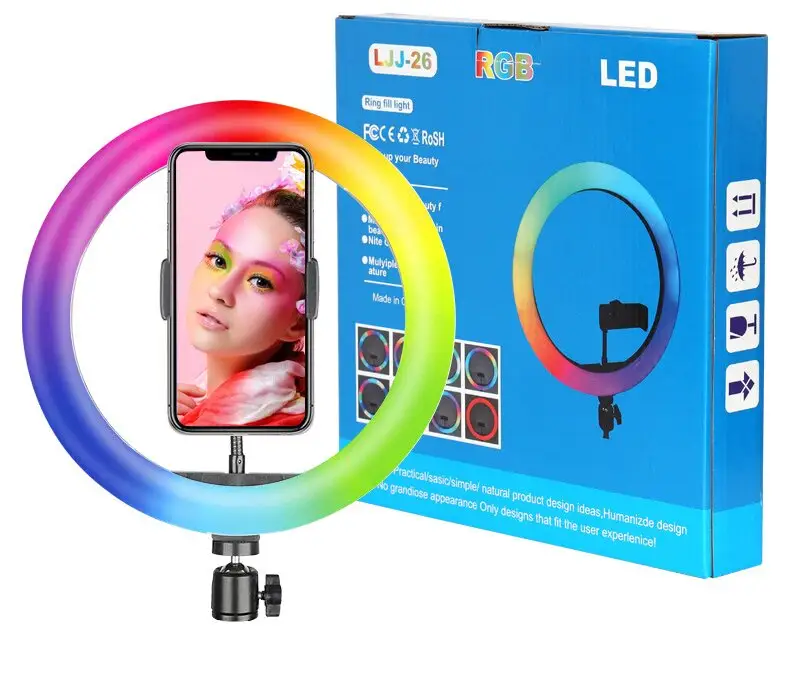 LJJ26 lâmpada de diodo emissor de luz para estúdio de vídeo e selfie, lâmpada RGB de 10 polegadas com controle remoto