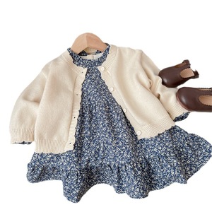Tongxingyuan Girls Floral Dress Set With Knitted <b>Cardigan</b> Two Piece Autumn Outfit <b>Beige</b> Blue Cotton Kids Clothing - Product Image 5