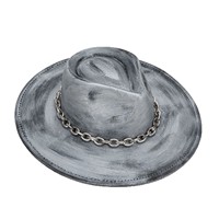 Vintage Distressed Gebürsteter Fedora-Hut mit Breiter Krempe Punk Jazz Hut mit Metallkette Unisex Gothic Cosplay Kostüm Zylinder Grau Schwarz
