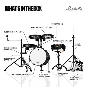 Ensemble de batterie professionnelle Beatello JPBTG <span class=keywords><strong>5</strong></span> pièces en bois de bouleau et acier inoxydable avec peaux de batterie en PVC, design portable pour adultes - Product Image 1