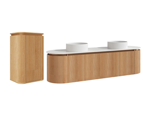 <span class=keywords><strong>Meuble</strong></span>-lavabo sur mesure <span class=keywords><strong>de</strong></span> 180 cm à cannelures avec deux vasques en céramique cannelées, armoire <span class=keywords><strong>de</strong></span> rangement <span class=keywords><strong>de</strong></span> <span class=keywords><strong>salle</strong></span> <span class=keywords><strong>de</strong></span> <span class=keywords><strong>bain</strong></span> flottante incurvée pour villa et hôtel - Product Image 1
