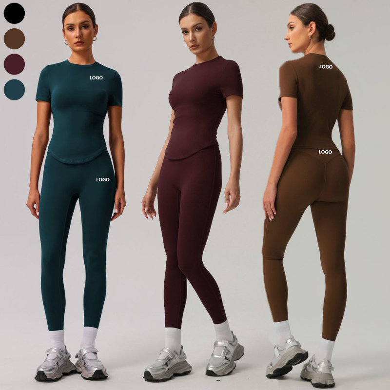 XW-sm2392-9 Hot Sale Round Neck Soft Sports Short Sleeve Top High Waist Breathable Fitness Trousers Women Gym Yoga 2 Piece Set