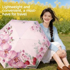 Parapluie de poche manuel ultra-léger personnalisé à 5 plis et 6 baleines, en vinyle numérique anti-UV, motif floral, avec poignée télescopique, pour femme, protection soleil et pluie, idéal comme cadeau - Product Image 4