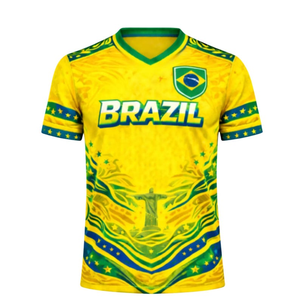 Maglietta Gialla del Brasile con Cristo Redentore, Maglia da Calcio con Stemma Nazionale Brasiliano per Tifosi - Product Image 1