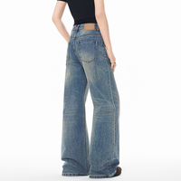 Pantalon décontracté pour homme en denim délavé de style américain rétro, taille haute, coupe droite ample et jambe large, extensible, de haute qualité
