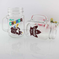 Hoogwaardige gepersonaliseerde logo 16oz 475ml vierkante glazen mason jar voor bier, fruitsap en dranken met handvat en aluminium deksel