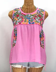 Pink fabric with colorful flower embroidery sleeveless summer blouse women TOPS STC128 2023 2023