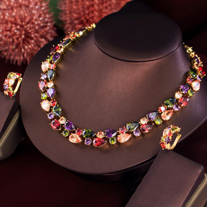 Bộ trang sức cưới đầy màu sắc Mona Lisa mạ vàng siêu sang trọng, gồm vòng cổ và bông tai zircon cubic dành cho nữ dự tiệc - Product Image 4