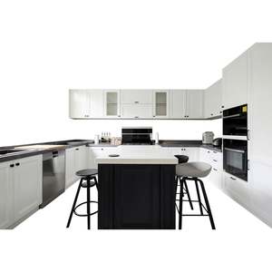 Armoire de cuisine en bois moderne en forme de L, prête à assembler, gris brillant, design propre et gratuit, pour petite cuisine - Product Image 2