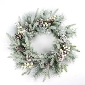 White Pine Needle Wreath Garland Wicker Round Design Artificial Decorated Christmas Tree Rattan Wreath