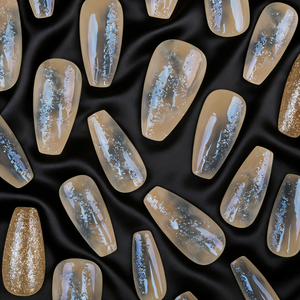 <span class=keywords><strong>Uñas</strong></span> Postizas de Gel con Degradado Azul Manchado, Purpurina Plateada y Dorada, 28 Piezas, <span class=keywords><strong>Uñas</strong></span> Postizas de Ataúd Largas, Reutilizables - Product Image 3