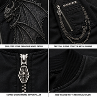 Blouson bomber à col montant, fermeture éclair cloutée, poche sur le bras, effet délavé, patch Aile de Démon, bords effilochés, tirette de fermeture éclair gravée, personnalisé