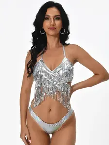 Ensemble bikini métallique 3 pièces, franges à paillettes rave, haut halter dos nu à nouer, jupe de fête à nœuds latéraux et culotte - Product Image 5