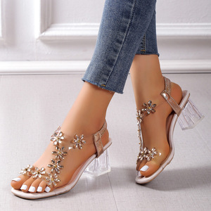 Fashion New Style Gold Silver Black Rhinestone Round Toe Chunky High Heel <b>Sandals</b> for Women - Product Image 1
