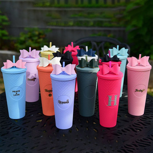 Custom logo 24oz Double Wall Plastic Black Matte Cups Colored Reusable Venti Studded Tumblers with Lids and Straws