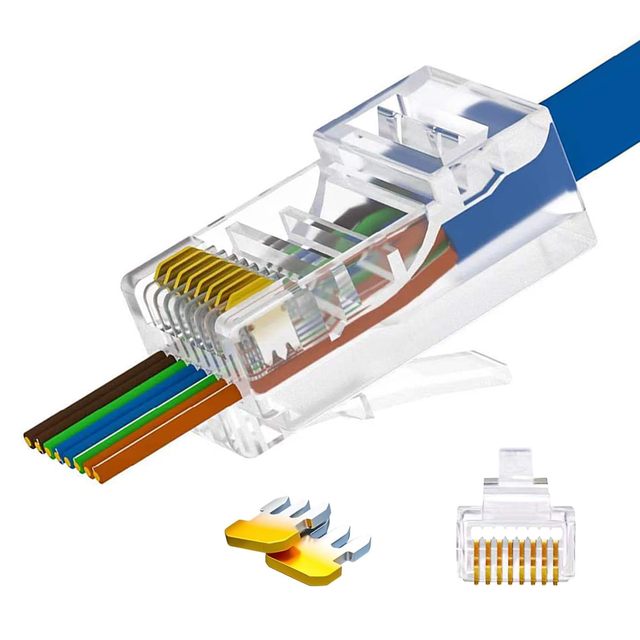 Red Green White Blue Black Yellow 100pcs UTP 8P8C Connector Gold Plating Cat5e Cat6 Cat6a Easy Throght Rj45 Connector