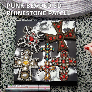 Patch brodé perlé grand format style Hot Punk, badge croix 3D en strass, écologique, pour transfert thermique DIY, thermocollant ou à coudre sur toile - Product Image 2