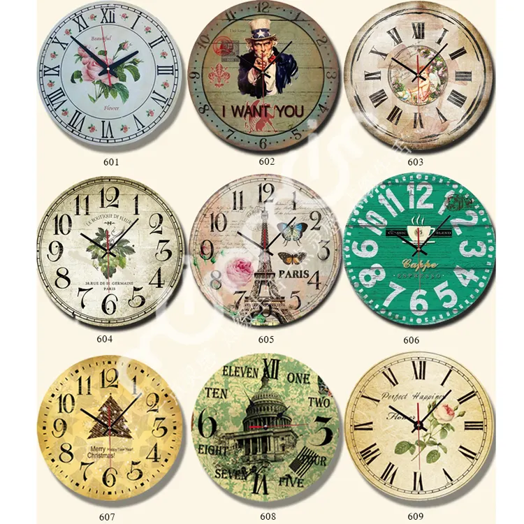 12 inch wholesale cheap round number wall clock for home decoration Wooden retro vintage wall clock