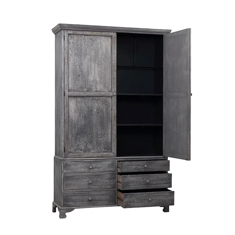 กลางศตวรรษวินเทจคลาสสิกสืบพันธุ์โบราณทาสีมีความสุขสีเทาโบราณตู้ Armoire ไม้ที่เป็นของแข็ง