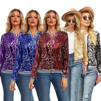 Damen-Bomberjacke mit Pailletten, glitzernde Baseballjacke mit Reißverschluss und langen Ärmeln für Party, Clubwear, Großhandel