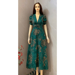 Vestido de cuadros de mujer contemporáneo floral elegante suministro ODM Vietnam mejor precio para cualquier evento formal cintura natural lavable - Product Image 1