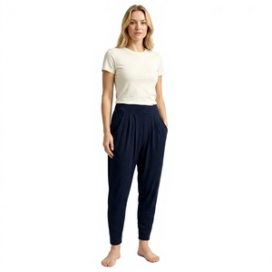 Pantalon de jogging taille haute bleu marine avec poches, extensible, sans couture, tricoté, longueur cheville, leggings pour femmes, toutes saisons, couleur unie - Product Image 2